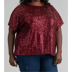 NWT Mat Fashion Red Plum Sequin Short Sleeve Top Size M (16-18)